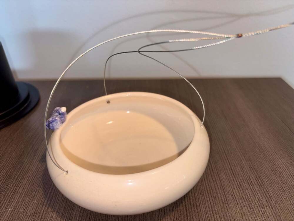 Handmade Ceramic Bird Feeder with Wire Handle, Vienna Style Pottery, Garden Deco